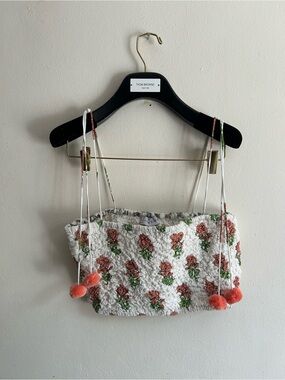 Ash & Eden Asaba White Floral Crop Top Smocked Blouse Stretchy Medium PomPom